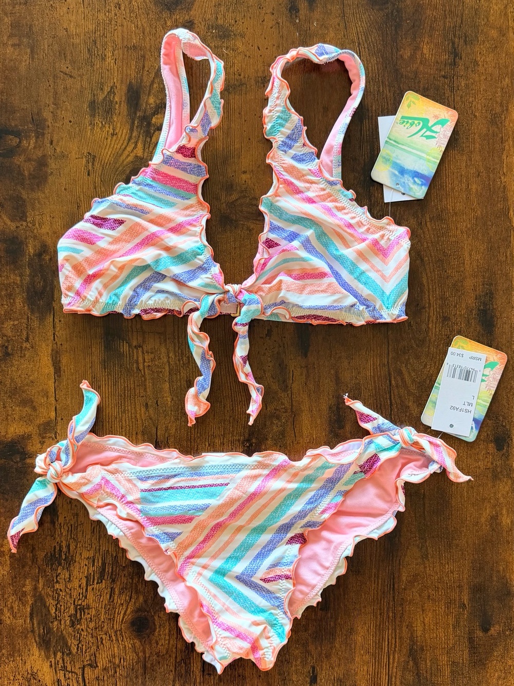 Hobie Pastel Striped Tie Front Top & Ruffled Cheeky Bottom Women’s Size Large